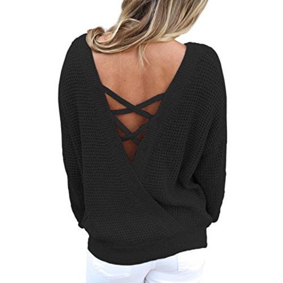 Asvivid Tops - Asvivid Criss Cross Backless Crewneck Sweaters for Women 2X Black Size 2X